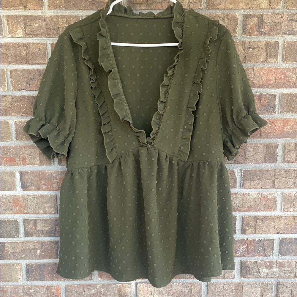 SHEIN Olive Ruffle V-Neck Blouse